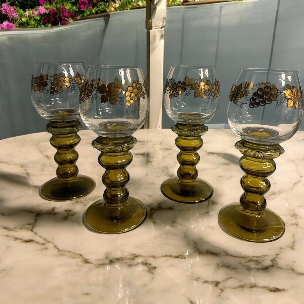 4 Gilded German Roemer Antique 7” Wine Glasses W/ Prunts Olive Green Bubble Stem